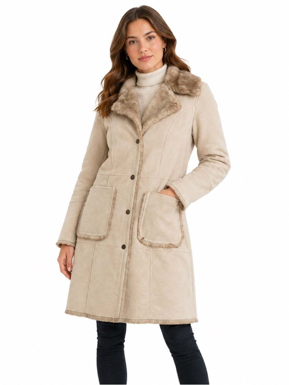 MEXX Faur Suede Jacket Womens Size 8 Faux Fur Lined Long Cozy Luxury Snap Close